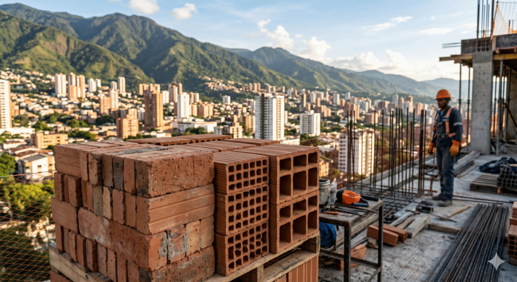 Primer plano detallado de ladrillos tolete, bloques H-10 y estructurales en una obra en Colombia.