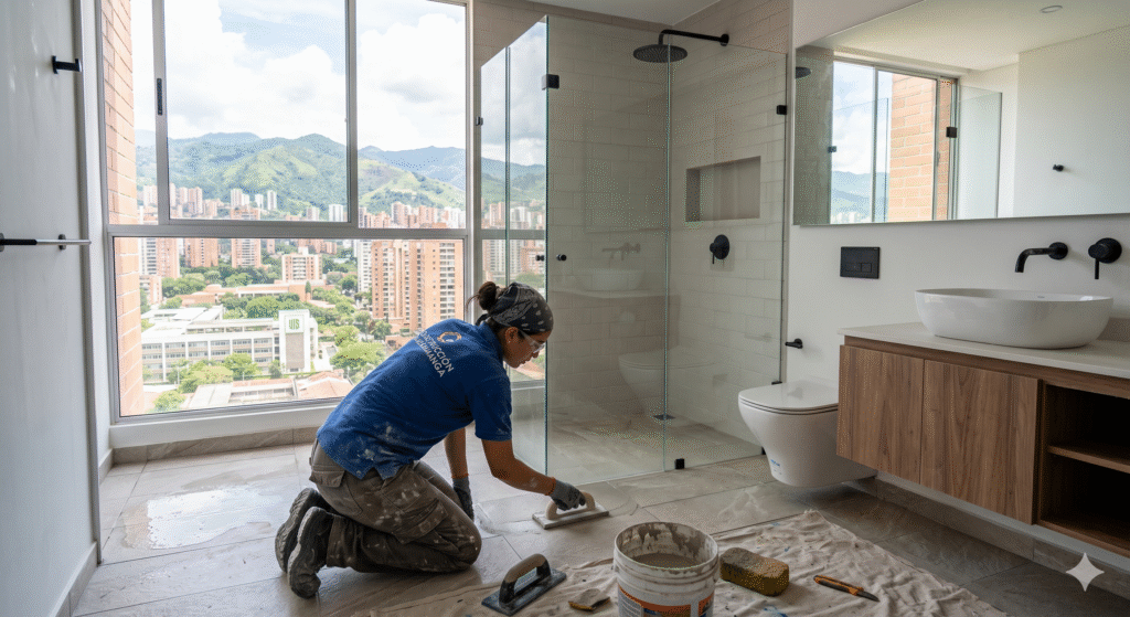 Baño moderno remodelado con acabados de lujo en Bucaramanga